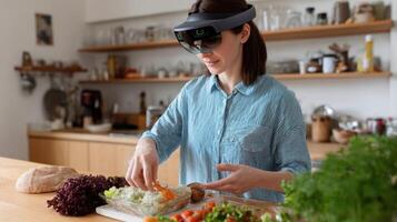 A colorful scene featuring a mixedreality interface that overlays stepbystep cooking instructions onto a physical workspace while an AIdriven assistant provides instant feedback base photo