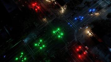 A topdown view showcasing a grid of sidewalk delivery bots each illuminated with LED indicators displaying their destination and status as an AGI network calculates optimal routes base photo