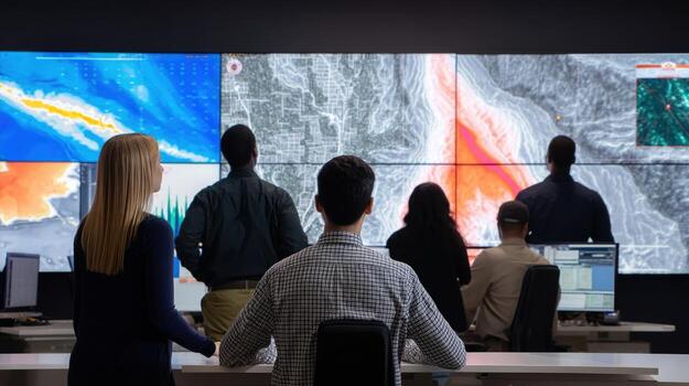 A group of diverse individuals working together at a command center analyzing maps and data on large screens for crisis management photo