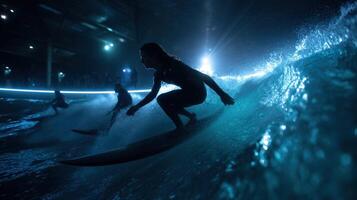 Surfers riding customshaped barrels with expressions of exhilaration seamlessly blending human skill and AGIengineered wave designs surrounded by a futuristic landscape of shimmerin photo