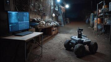 In a dimly lit alley a robust robot equipped with advanced sensors surveys an accumulation of electronic junk while a nearby screen reveals a live feed of detected hotspots marked b photo