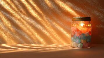 Glass jar filled with colorful gummy candy lit from behind creating warm light photo