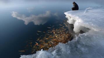 Beneath the glimmering surface of a frozen lake vibrant fish dart about oblivious to the cold above. Above a figure leans over the edge leaning into the icy stillness breathing photo