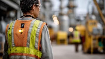 Closeup of a safety vest embedded with LED notification alerts highlighting the workers commitment to safety as they assess equipment in a bustling refinery environment photo