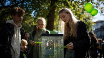 Around a sunlit park activists gather and distribute leaflets promoting environmental awareness. Nearby a playful demonstration shows the efficacy of the enzyme technology in actio photo