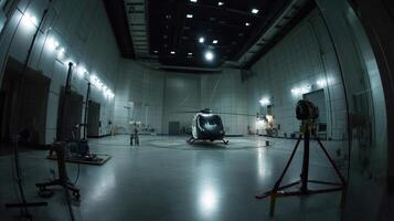 A panoramic view of the wind tunnel chamber featuring the helicopter prototype at the center surrounded by sophisticated equipment and instruments used for measuring aerodynamic stabilit photo