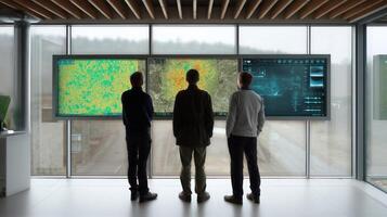 Groundlevel perspective of a security team observing the results from an AIdriven perimeter balloon with digital screens displaying detailed heat maps of the surrounding environment photo
