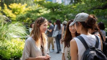 Outside a dynamic meetup unfolds in an urban park where aspiring professionals network amid lush greenery. Conversations flow as they exchange opinions about their digital portfolios photo