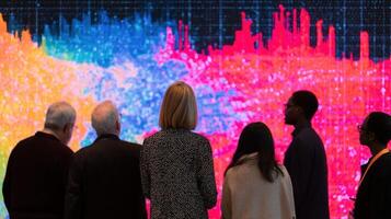 A closeup shot of a diverse group of city officials gathered around a large screen scrutinizing data visualization that highlights algorithmic disparities detected by the AI ombudsma photo