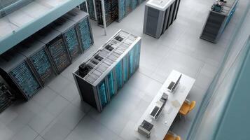 An overhead view of a server room where quantum randomnumber generators are strategically p a traditional servers highlighting the integration of advanced technology into classic dat photo
