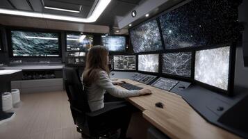 A futuristic control room aboard a central spacecraft where AGI interfaces visualize the realtime exchange of spectral data from probes spread across different star systems highlightin photo