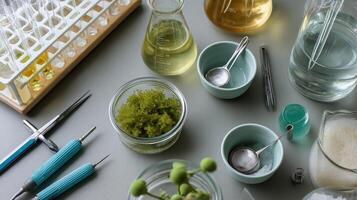 An overhead view of a lab workspace filled with glassware syringes and genetic modification tools highlighting the process of engineering algae for sustainable energy solutions photo
