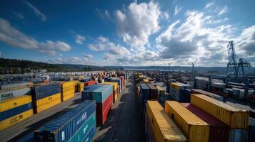 Overhead perspective of a container yard filled with brightly colored shipping containers organized in rows with a background of a clear blue sky and soft fluffy clouds photo