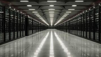Server room corridor with data cabinets operating in data center photo