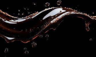 Dark brown liquid splashes in a flowing, elegant curve against a black background. Detailed liquid texture and bubbles are visible photo