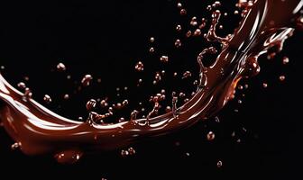 Dark liquid splash in motion. A dynamic, fluid stream of dark liquid, with numerous small droplets scattered throughout, against a black background photo