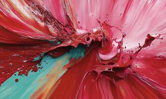 Abstract painting with vibrant color splashes. Dynamic mix of red, teal, and yellow in a swirling pattern photo