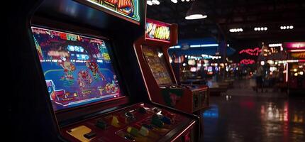 Arcade gaming machines in a brightly lit, dark space photo