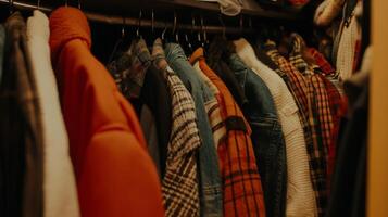 Close-up of clothes hanging in a closet. Various colors and patterns on jackets, shirts, and blouses photo