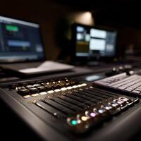 Close-up audio mixing console with illuminated controls and computers photo
