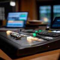 Audio mixing console, illuminated controls, digital audio workstation software on laptops photo