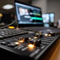 Close-up audio mixing console with illuminated faders, alongside laptops. editing software visible on screen photo