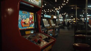 Vintage arcade game cabinet at night. Colorful game display, buttons, and levers. Blurred background shows more arcade machines and people photo