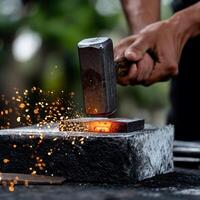 A person is hammering a piece of metal with sparks photo