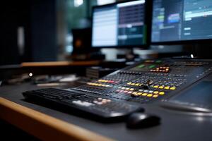 A computer monitor and keyboard in a recording studio photo