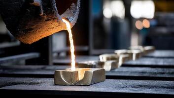 Molten metal poured into molds. Molten metal flows into casting forms photo