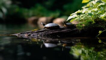 Two small turtles on a log over water. Reflections visible. Lush greenery surrounds photo