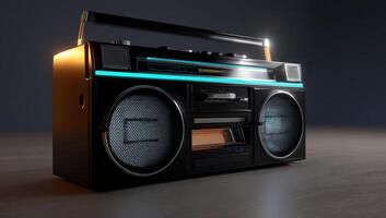 Retro boombox with glowing accents. Dark, modern rendering photo