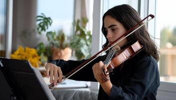 Young girl playing violin, focused and attentive. Indoor setting, near window photo