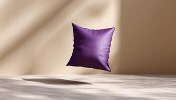 Purple square pillow floats in a minimalist setting. Soft lighting creates shadows photo