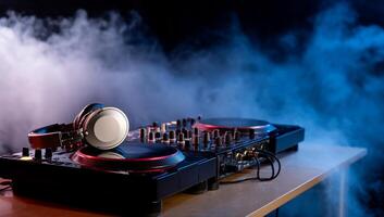 DJ equipment on a table, surrounded by smoke. A pair of headphones sits on top of a mixing console with turntables photo