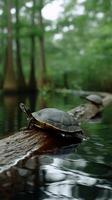 Two turtles on a log in a swampy stream. Dark, smooth shells, calm water, lush green trees in background photo