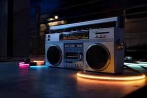 Retro boombox on a table, illuminated by vibrant neon lights photo