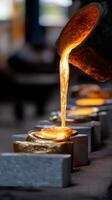 Molten metal poured into molds. A fiery liquid metal stream flows from a large pot into several prepared casting molds photo