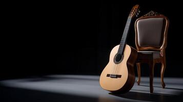 Classical guitar rests on ornate chair in dimly lit room photo