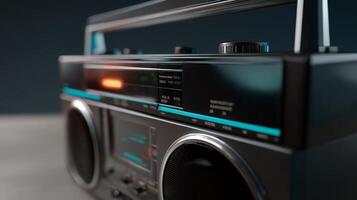 Close-up of a vintage boombox, showing controls and display. Features a dark gray chassis, turquoise accents, and a glowing indicator photo