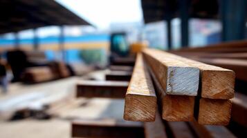 Stacked rusty square steel beams in a warehouse photo