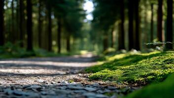 Forest path lined with moss and stones. Sunlight filters through trees photo