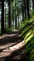 Sunlit forest path through lush greenery. Sunlight filters through tall trees, illuminating a trail. Moss-covered slopes flank the path photo