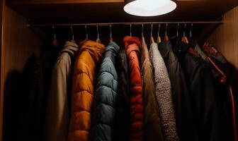 Organized jackets in a closet, various colors and styles photo