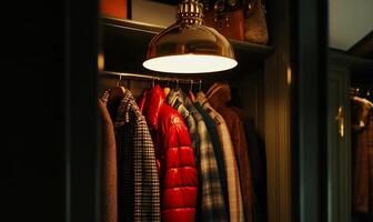 Wardrobe with warm lighting, displaying various coats photo