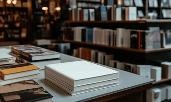Stack of blank books on display in a bookstore. Shelves filled with books in the background photo