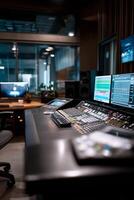 Modern recording studio with audio equipment. High-tech sound design, mixing console, computers, and monitors photo
