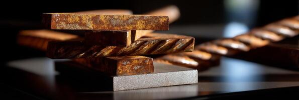 Rusty metal blocks stacked on a surface photo