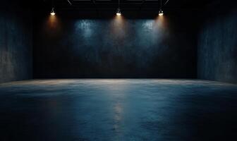 Dark, industrial space with spotlights. Empty room with rough concrete walls and floor photo