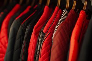 Close-up of various jackets and coats, hanging neatly in a row. Red, black, and burgundy colors dominate photo